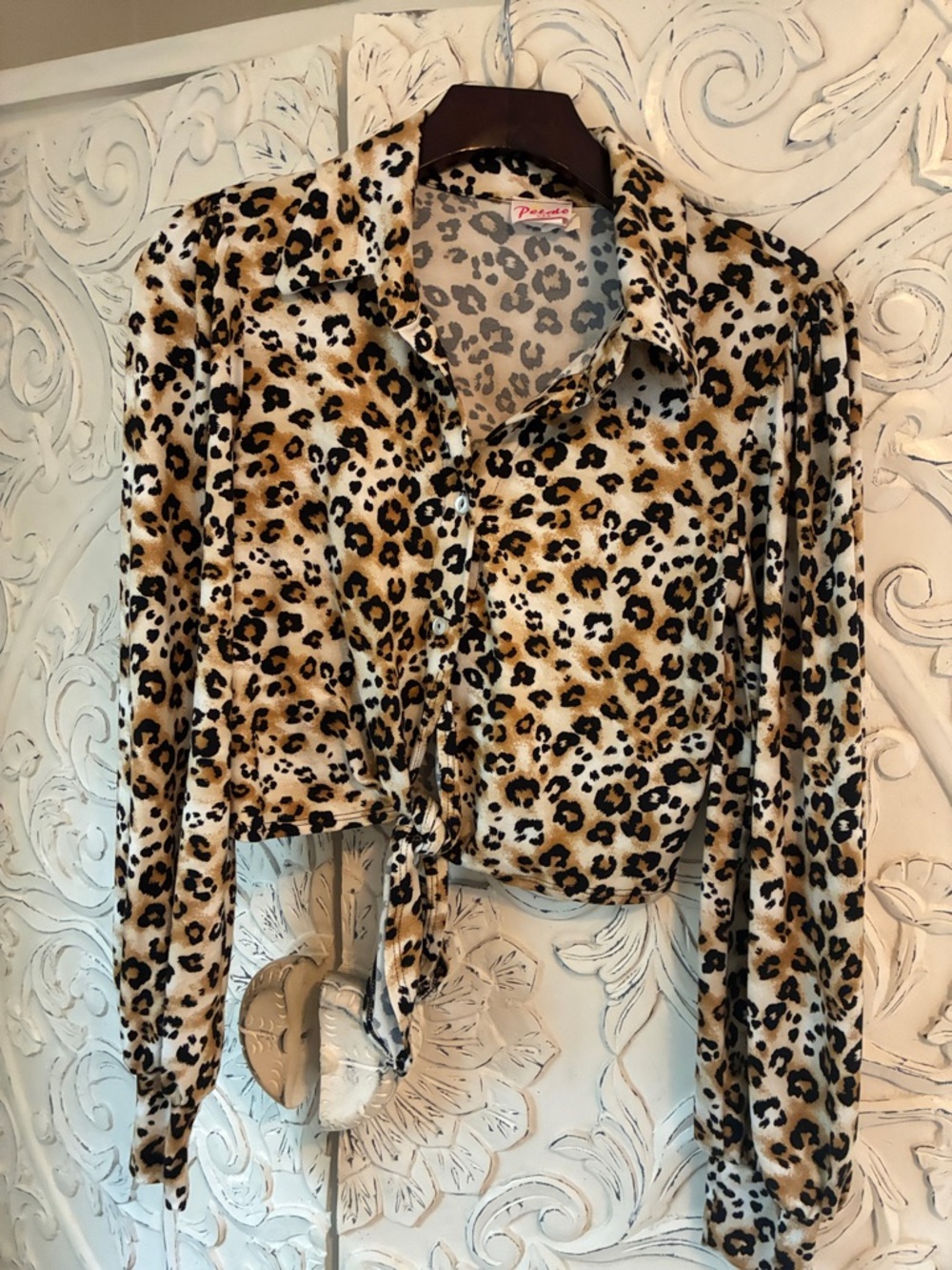 Leopard Print Tie-Front Shirt - Beige/Black